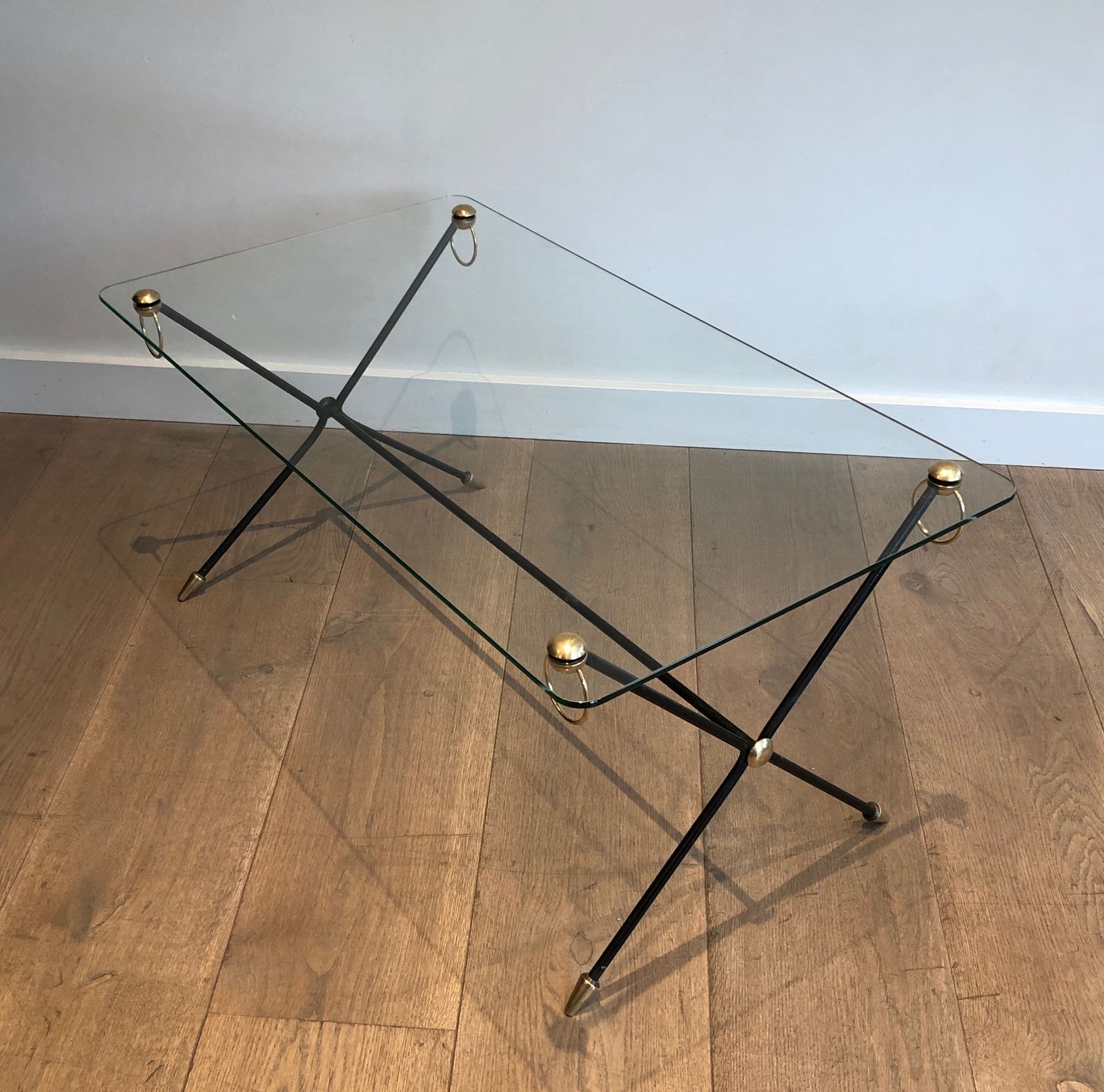 photo for sale Coffee Table In Brass Lacquered Metal And Glass Slab From Jacques Adnet