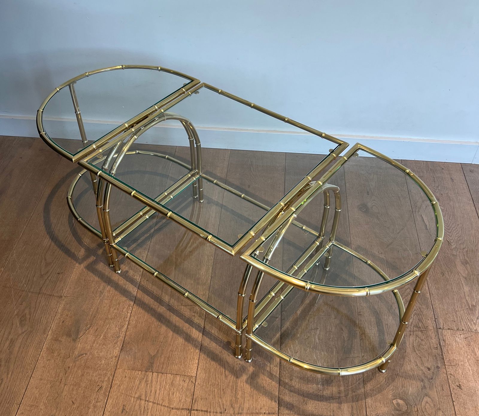 Tripartite Coffee Table In Faux Bamboo Style Brass In The Taste Of Maison Baguès photo for sale