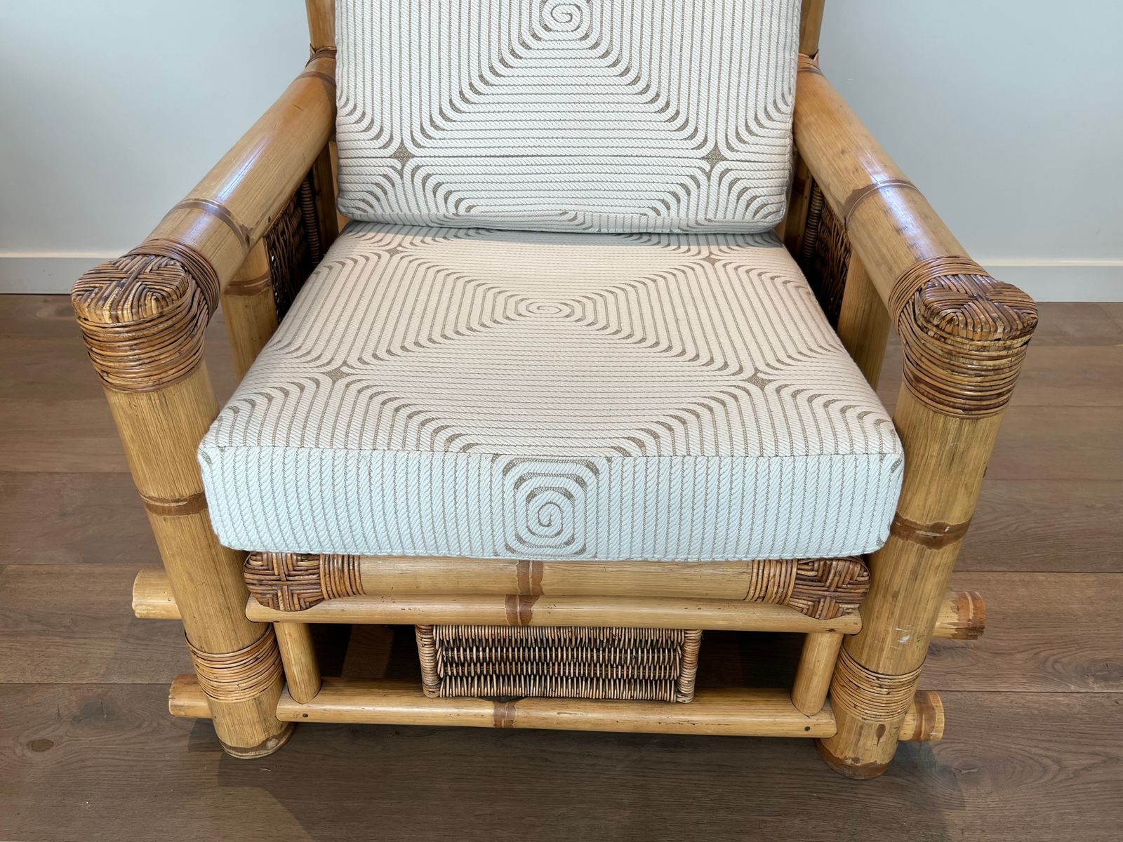 photo for sale Pair Of Large Bamboo Armchairs And Pierre Frey Cushions
