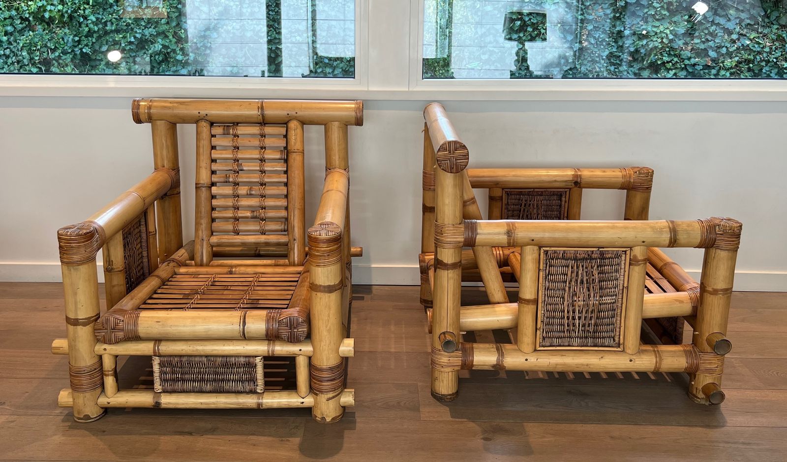 Furniture Pair Of Large Bamboo Armchairs And Pierre Frey Cushions photo