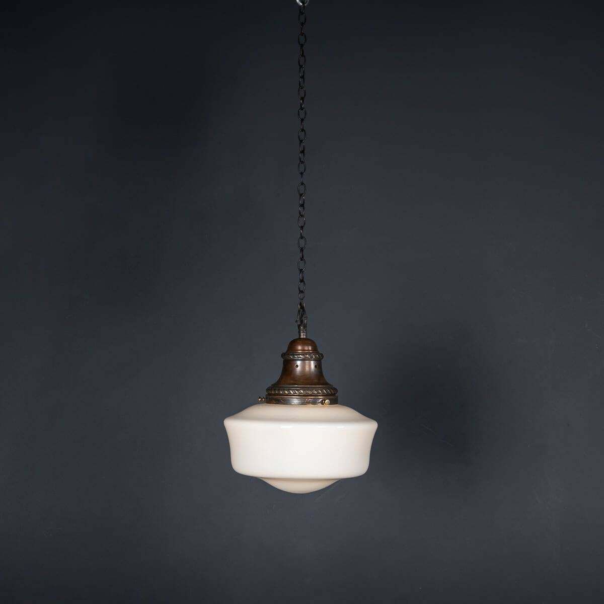 Vintage 20th Century English White Opaque Glass & Copper Pendant Light C.1930 photo furniture