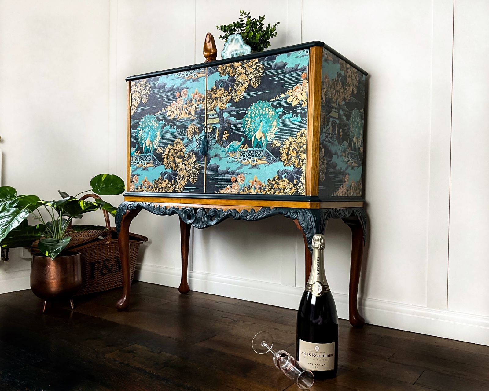 Oriental Queen Anne Cocktail Cabinet, Blue  Drinks Bar, Living Room Drinks Unit With Carved Details, Statement Furniture, Made To Order. photo for sale