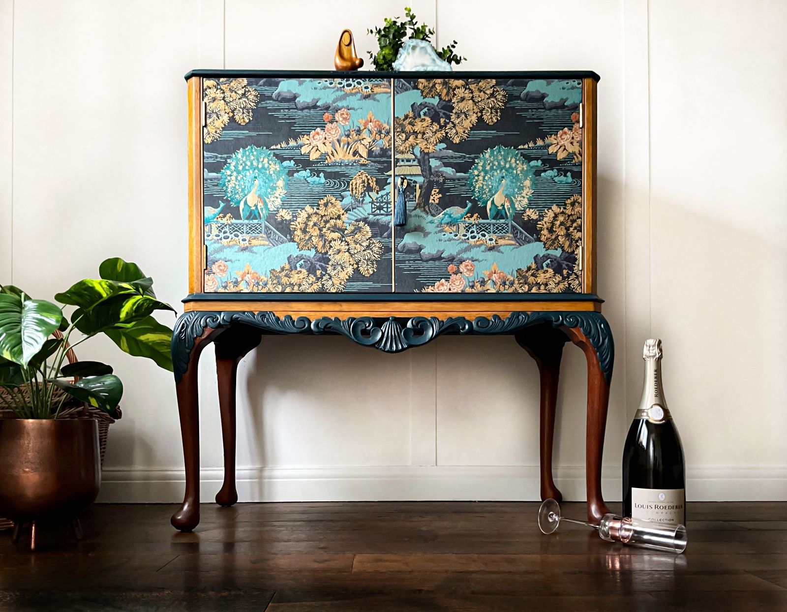 Oriental Queen Anne Cocktail Cabinet, Blue  Drinks Bar, Living Room Drinks Unit With Carved Details, Statement Furniture, Made To Order. photo Furniture