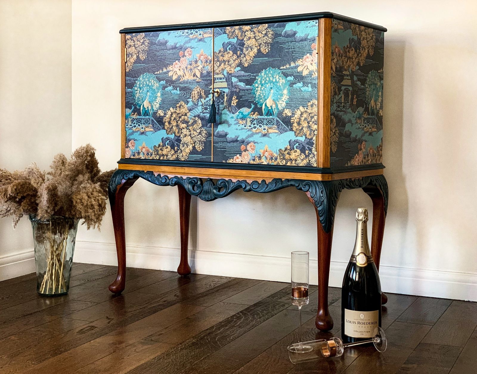 Oriental Queen Anne Cocktail Cabinet, Blue  Drinks Bar, Living Room Drinks Unit With Carved Details, Statement Furniture, Made To Order.