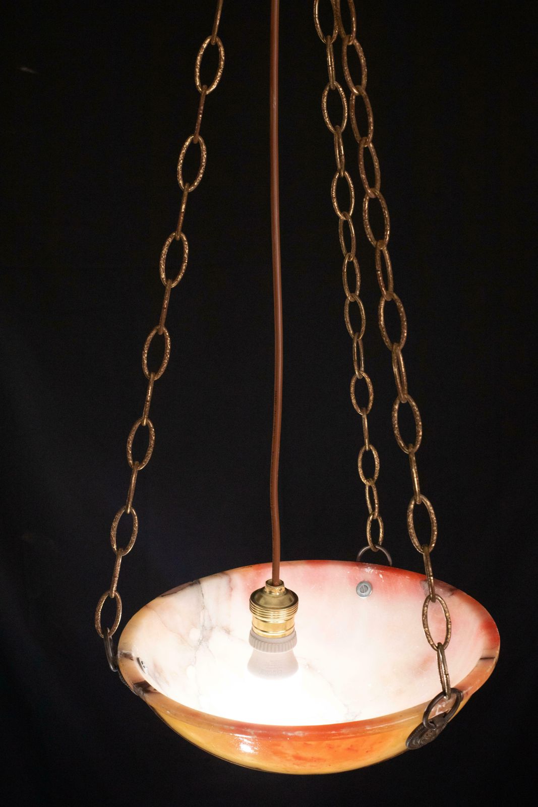 Great Design Red And Orange Art Deco White Alabaster Chandelier, 1940s photo buy