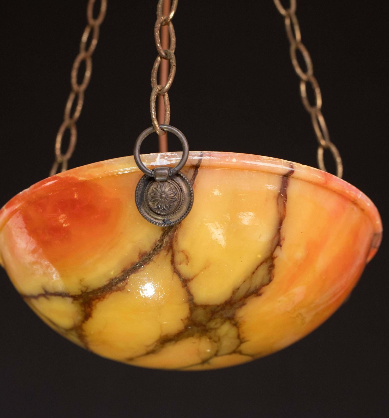 photo for sale Great Design Red And Orange Art Deco White Alabaster Chandelier, 1940s