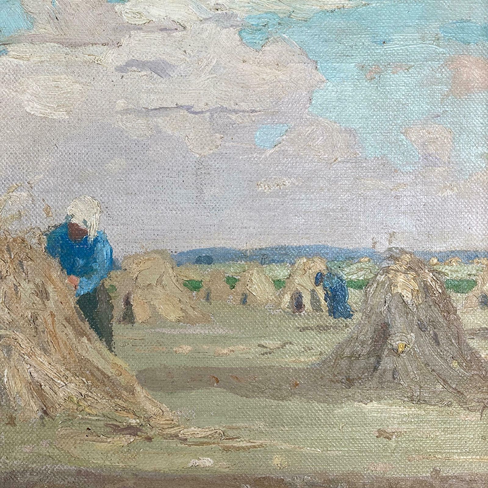 Impressionist Landscape   Antique Oil Impressionist Painting Of A Sunlit Meadow At Harvest Time By R. Löschke (1887 1920) photo for sale