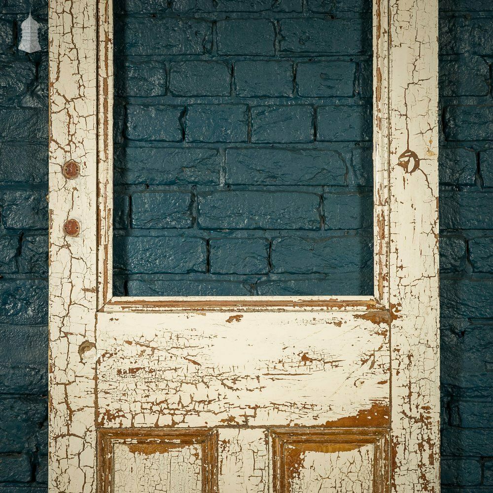 Half Glazed Door, 3 Moulded Pine Panel Distressed Crackled Paint photo for sale