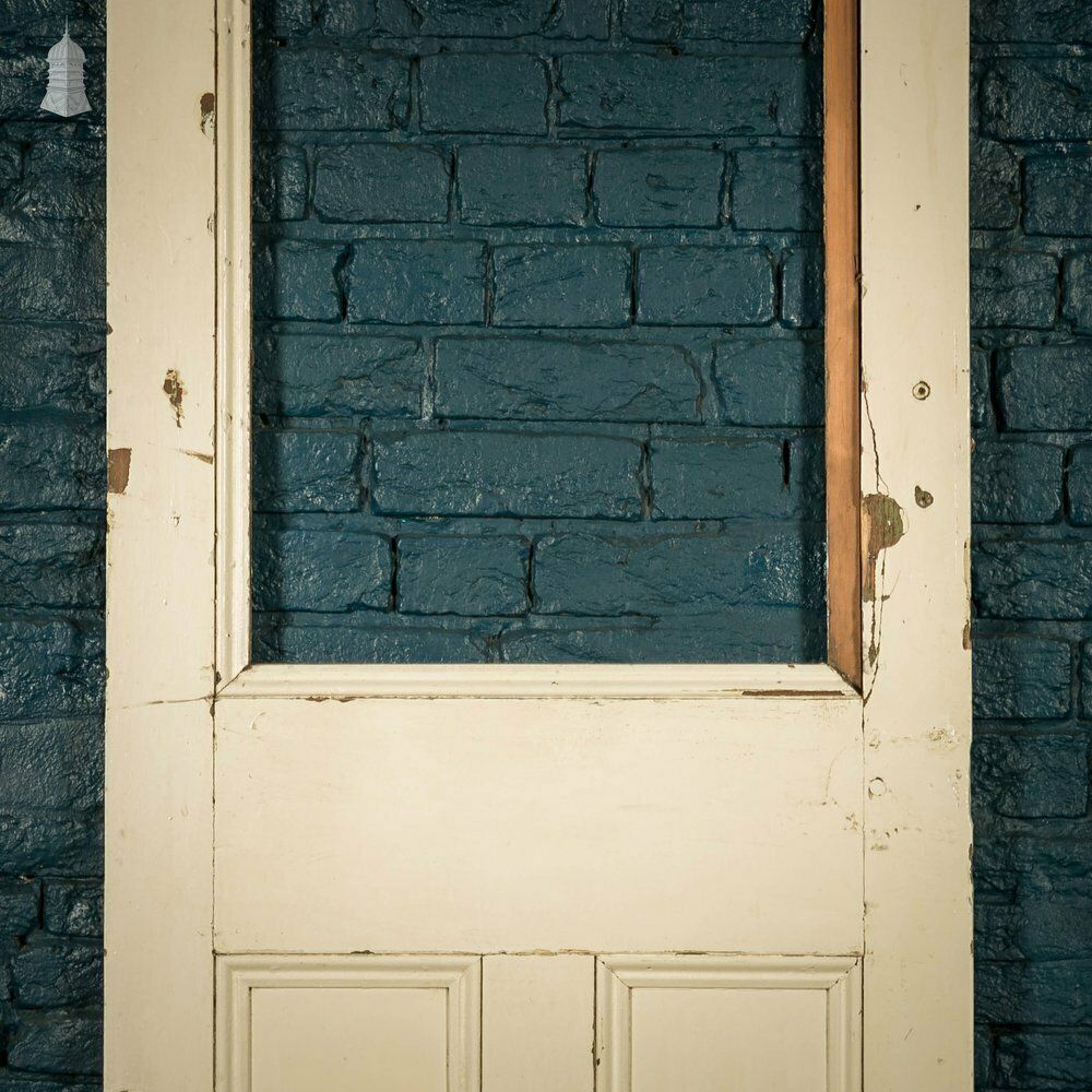 photo for sale Half Glazed Door, 3 Moulded Pine Panel Distressed Crackled Paint