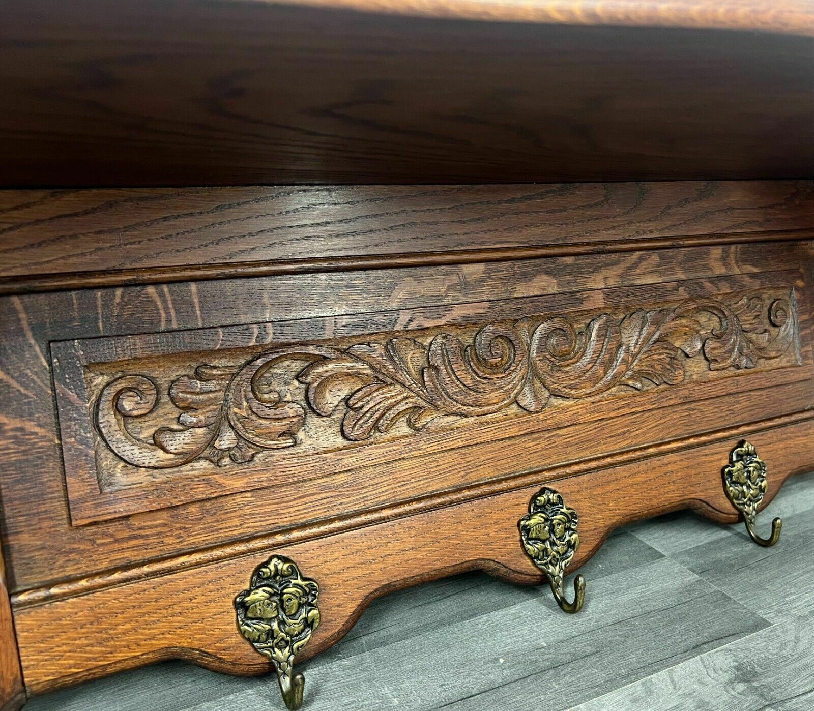 French Coat Hooks Antique French 7 Hook Ornate Carved Coat Plate Rack photo for sale