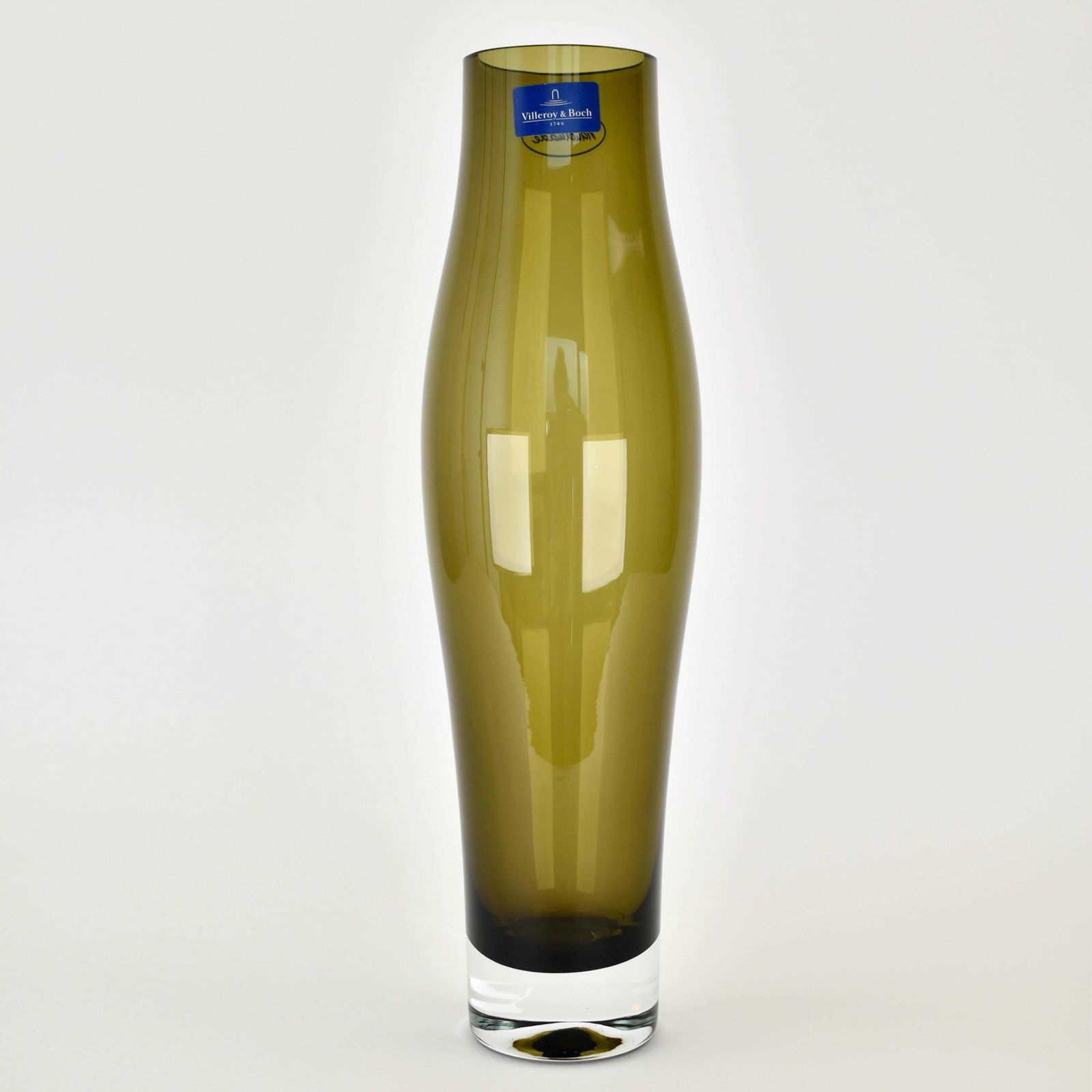 Villeroy & Boch Olive Green Glass Vase | Mid Century Modern Style Clear Base Germany Venini Murano Contemporary Decoration Safari Holmegaard photo for sale