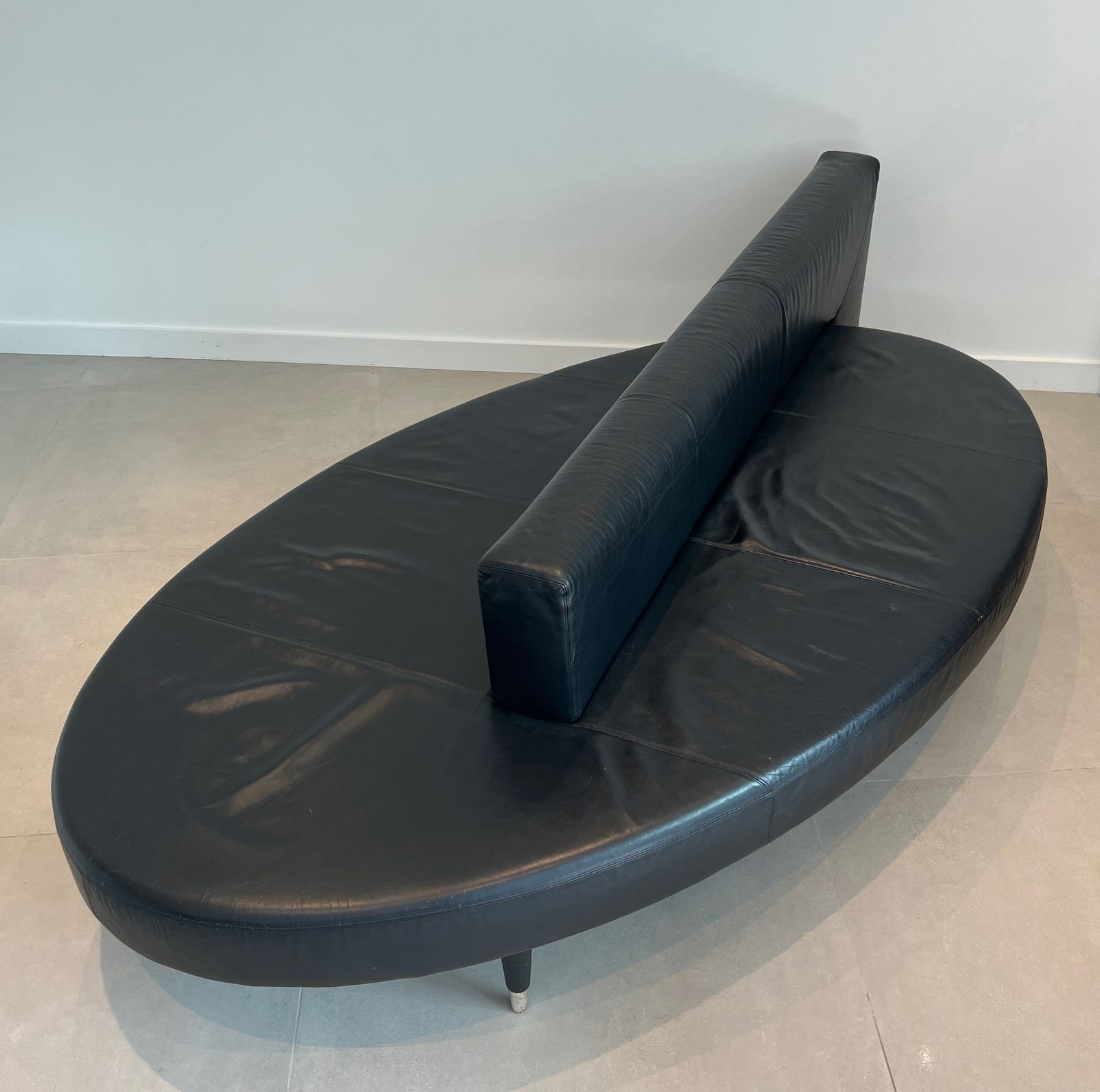 Rare Oval Design Sofa In Black Leather And Chrome Feet. French Work. Circa 1970