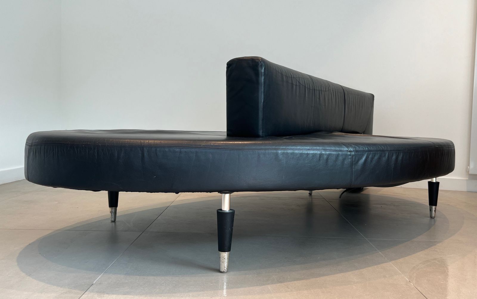 Rare Oval Design Sofa In Black Leather And Chrome Feet. French Work. Circa 1970 photo vinterior