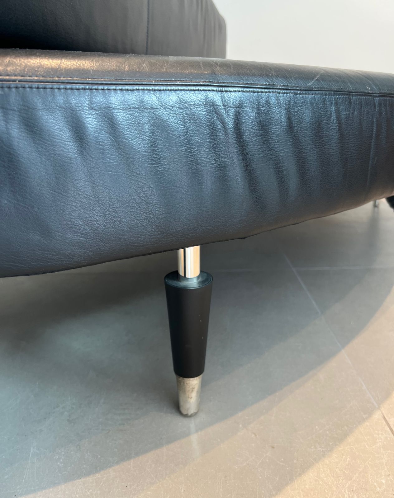 photo for sale Rare Oval Design Sofa In Black Leather And Chrome Feet. French Work. Circa 1970