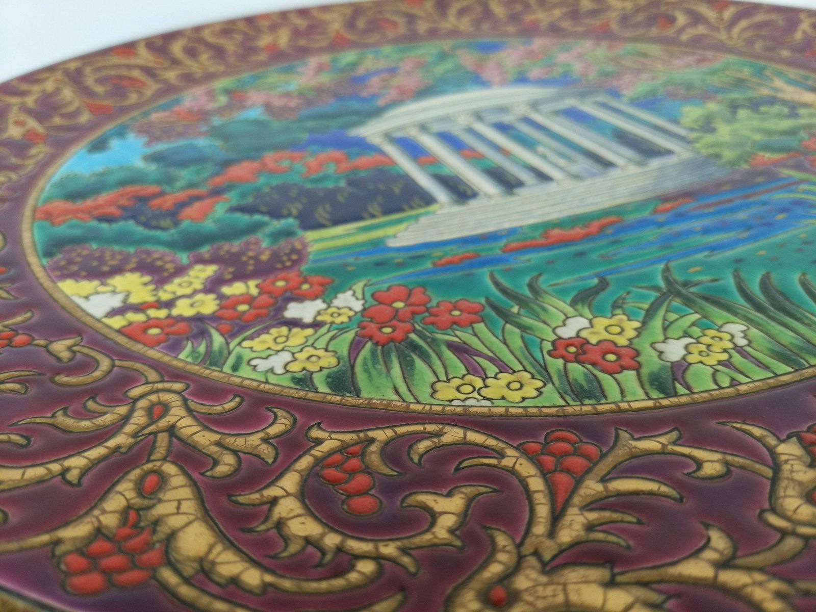 Vintage French Longwy Trianon Art Deco Ceramic Crackle Glaze Dish, Wall Hanging Cloisonné Pottery Flower Charger By Chevallier, Home Decor photo buy