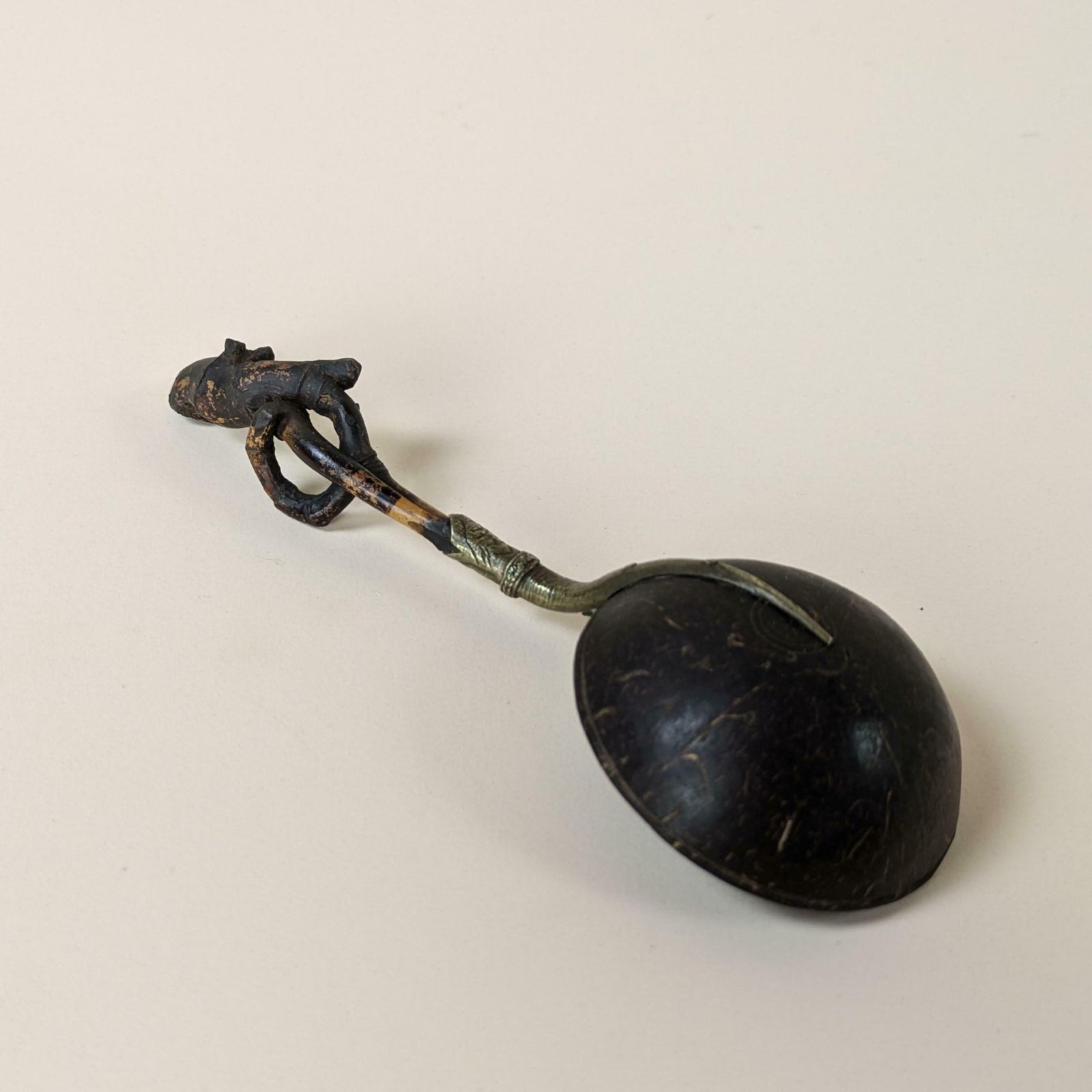 Antique Asian Ceremonial Opium Ladle Spoon Bamboo Brass & Coconut Shell From Laos Vietnam Indochina C1800 photo vintage
