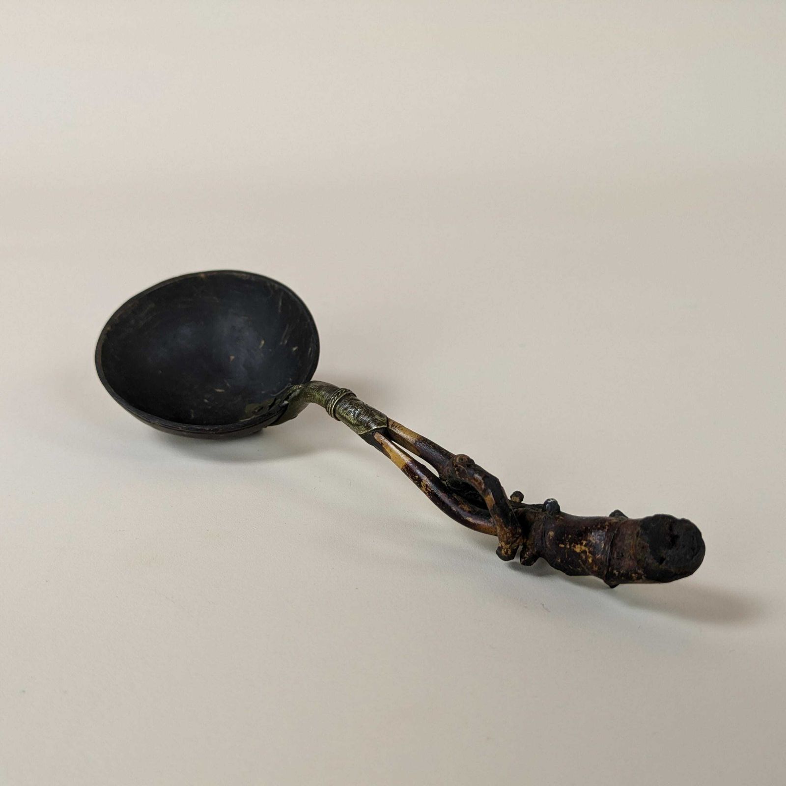 photo for sale Antique Asian Ceremonial Opium Ladle Spoon Bamboo Brass & Coconut Shell From Laos Vietnam Indochina C1800