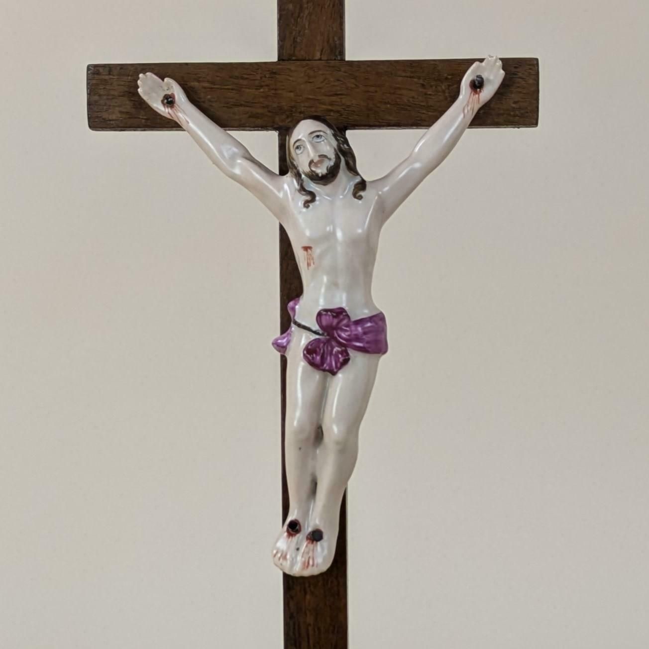 Antique French Crucifix Pottery & Wood Jesus Christian Holy Cross 19th Century Religious Decor Hand Painted Ceramic 1800s Crucifixion photo for sale