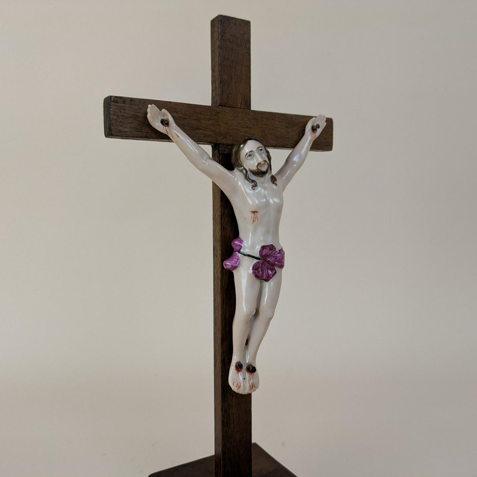 Antique French Crucifix Pottery & Wood Jesus Christian Holy Cross 19th Century Religious Decor Hand Painted Ceramic 1800s Crucifixion photo 198.0