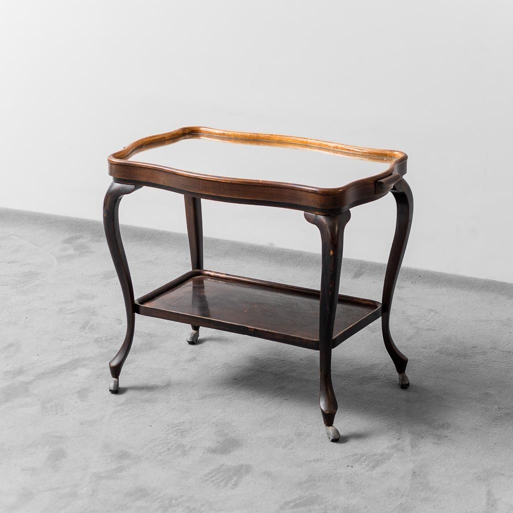 Vintage 1950s Wooden And Glass Shelves Trolley
