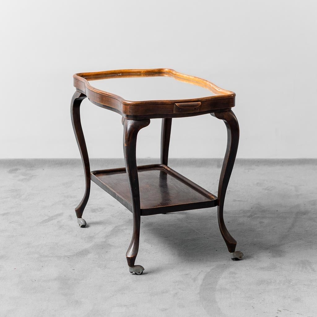 Vintage 1950s Wooden And Glass Shelves Trolley photo for sale