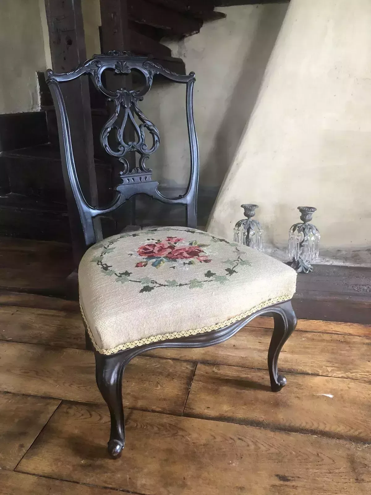 Antique Tapestry Upholstered Ornate Carved Ebonized Children’s Chair photo for sale