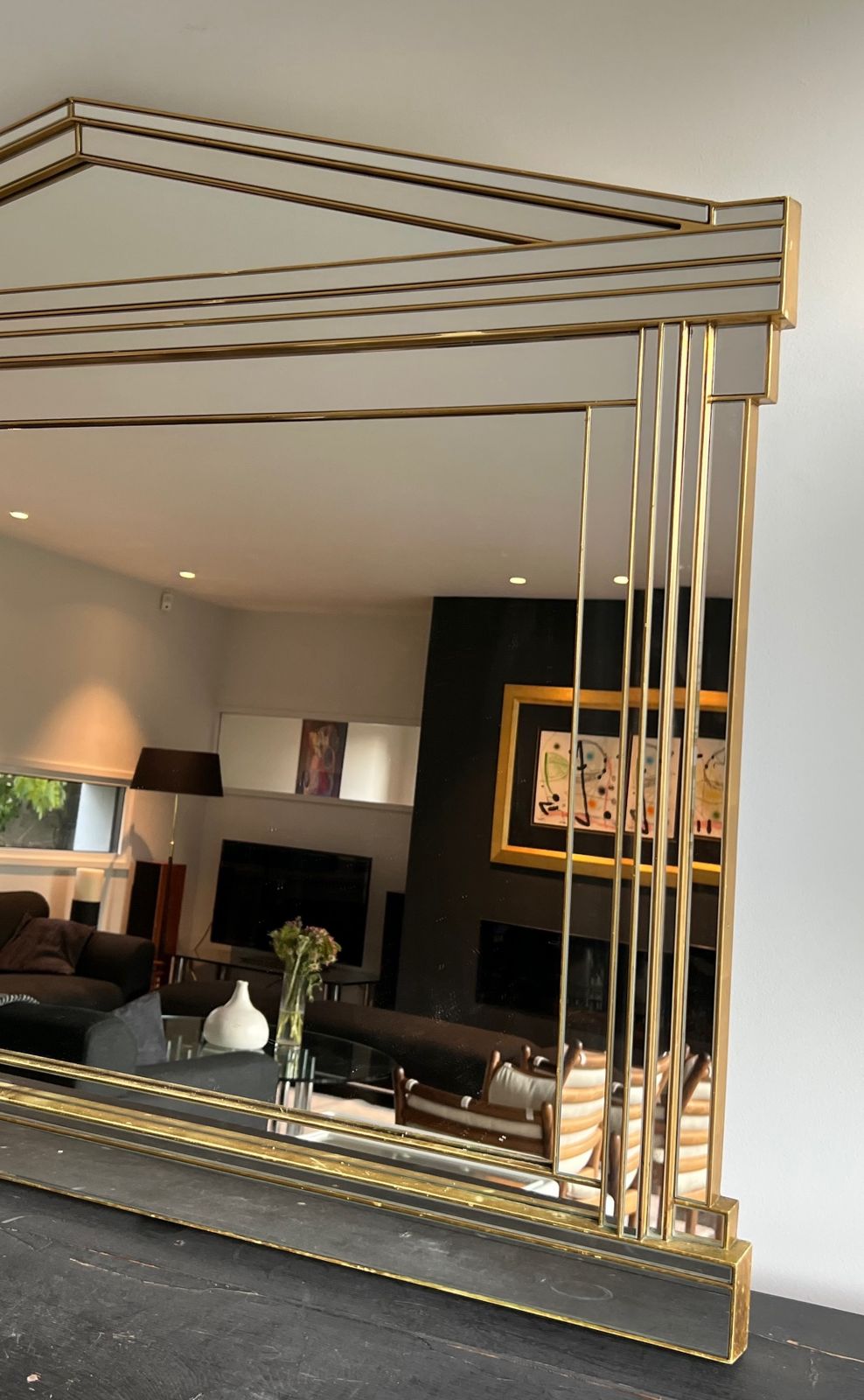 Large Domus Mirror In Wood, Golden Plexiglass And Mirrors photo vintage