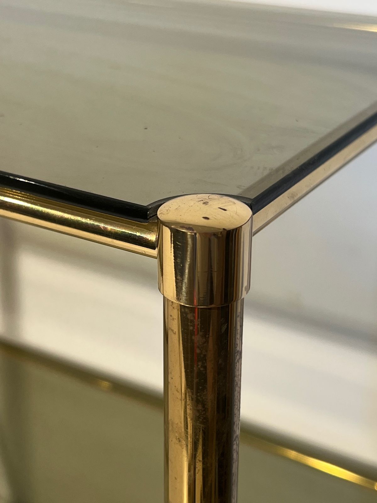 Pair Of Brass End Tables With Smoked Glass Trays. Circa 1970 photo Furniture