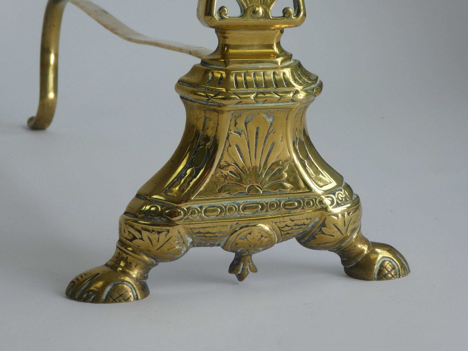 Beautiful Antique Set Of Brass Andirons, Ornate Golden Fireplace Blocks, Hollywood Regency Decor photo for sale