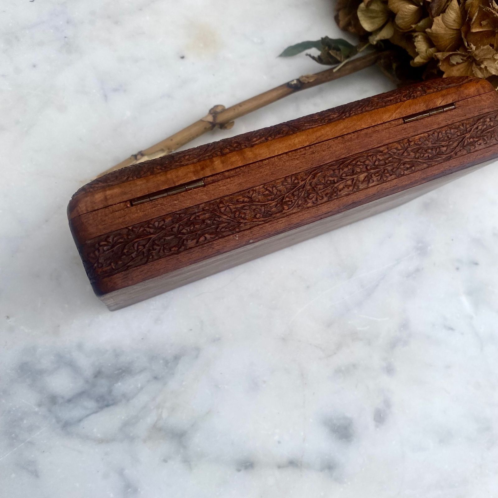 75.0 Antique 1920s Hand Carved Indian Rosewood Cigar Cigarette Case Pencil Pen Box photo