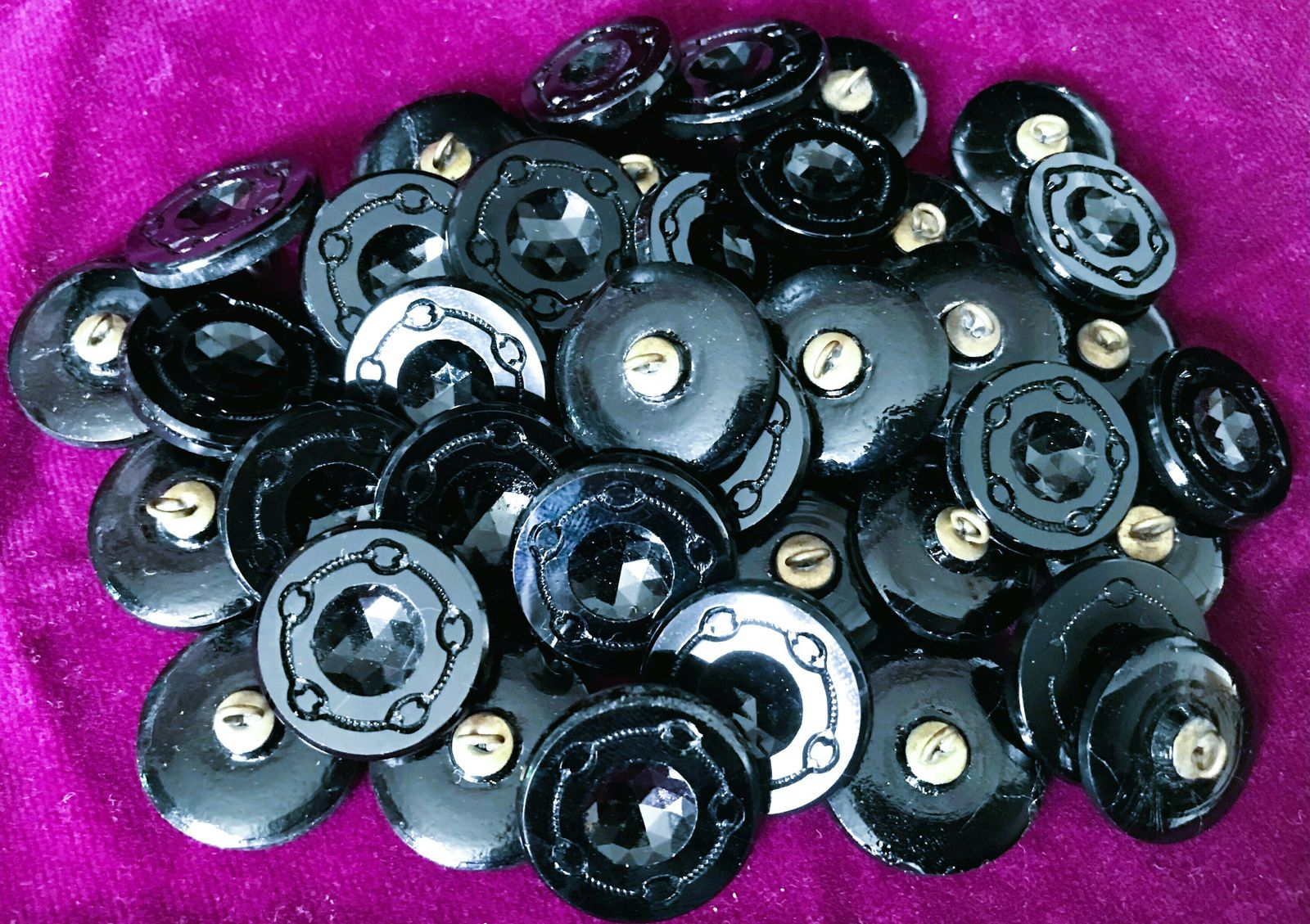 40 Fabulous Victorian French Jet Black Glass Buttons With Brass Shanks