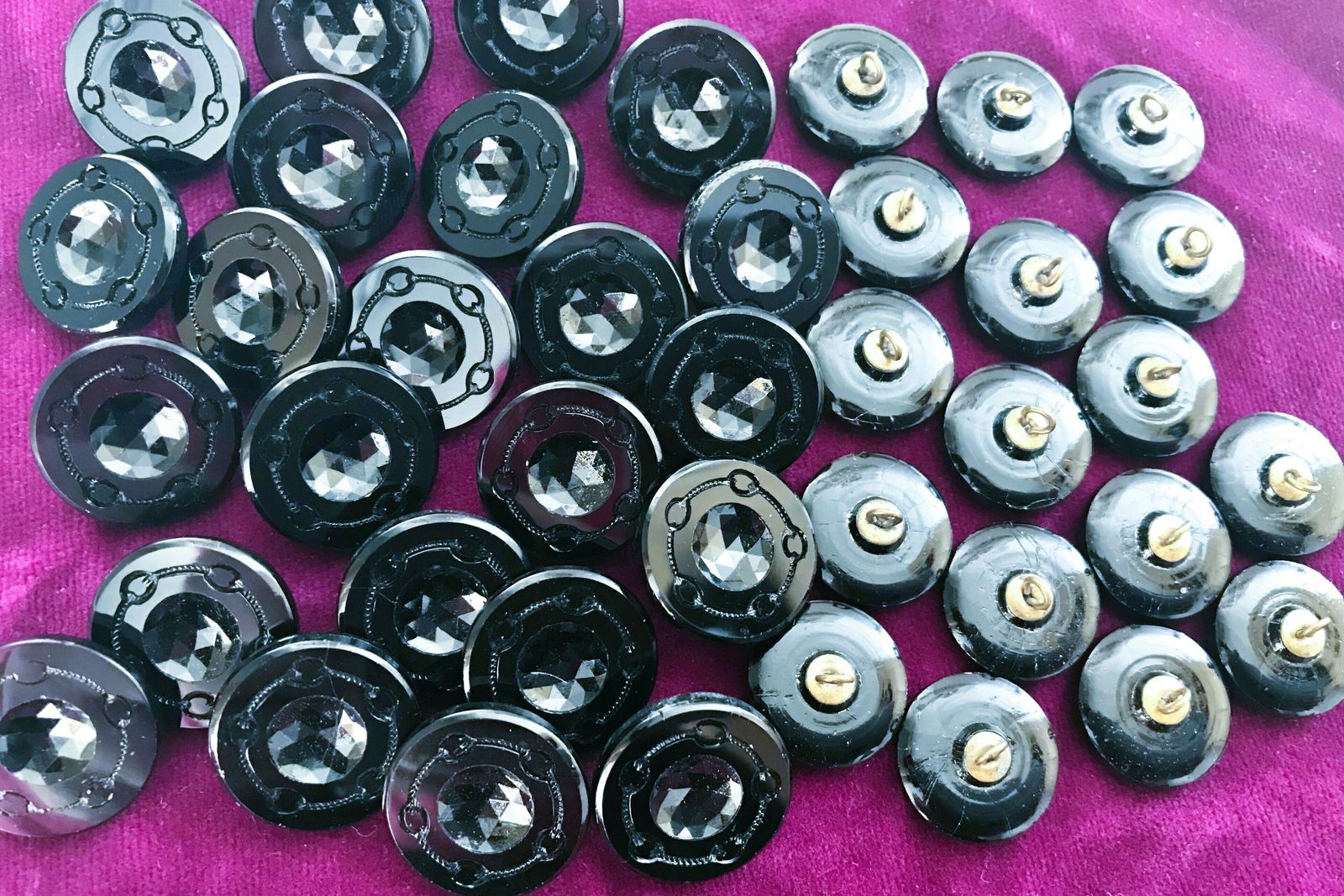 40 Fabulous Victorian French Jet Black Glass Buttons With Brass Shanks photo buy