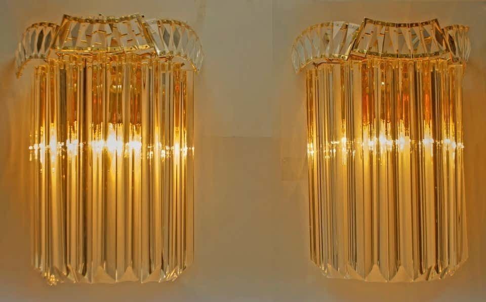 Pair Of Venini Midcentury Brass And Murano Glass "Triedri" Sconces, 1970s photo furniture