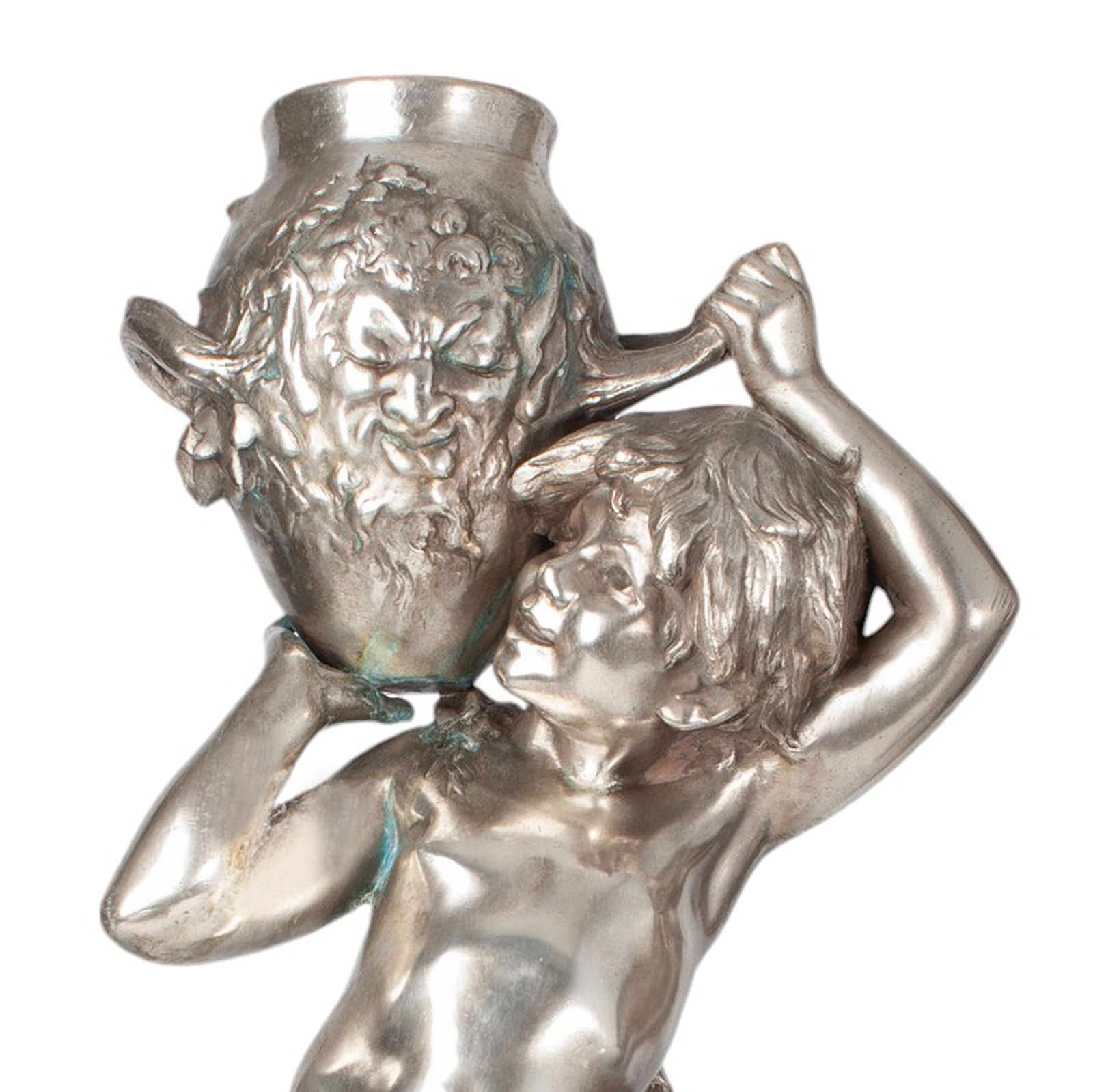 Late 19th Century Belle époque Metal Sculpture Of A Young Boy Lifting A Faced Amphora By Auguste Moreau, France photo Art