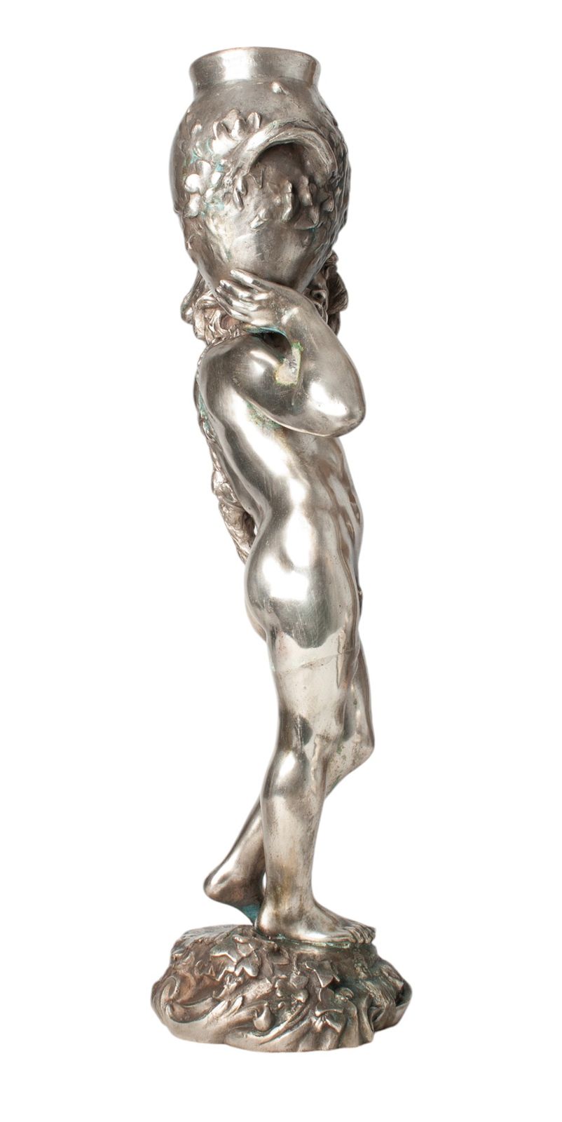 Late 19th Century Belle époque Metal Sculpture Of A Young Boy Lifting A Faced Amphora By Auguste Moreau, France photo buy