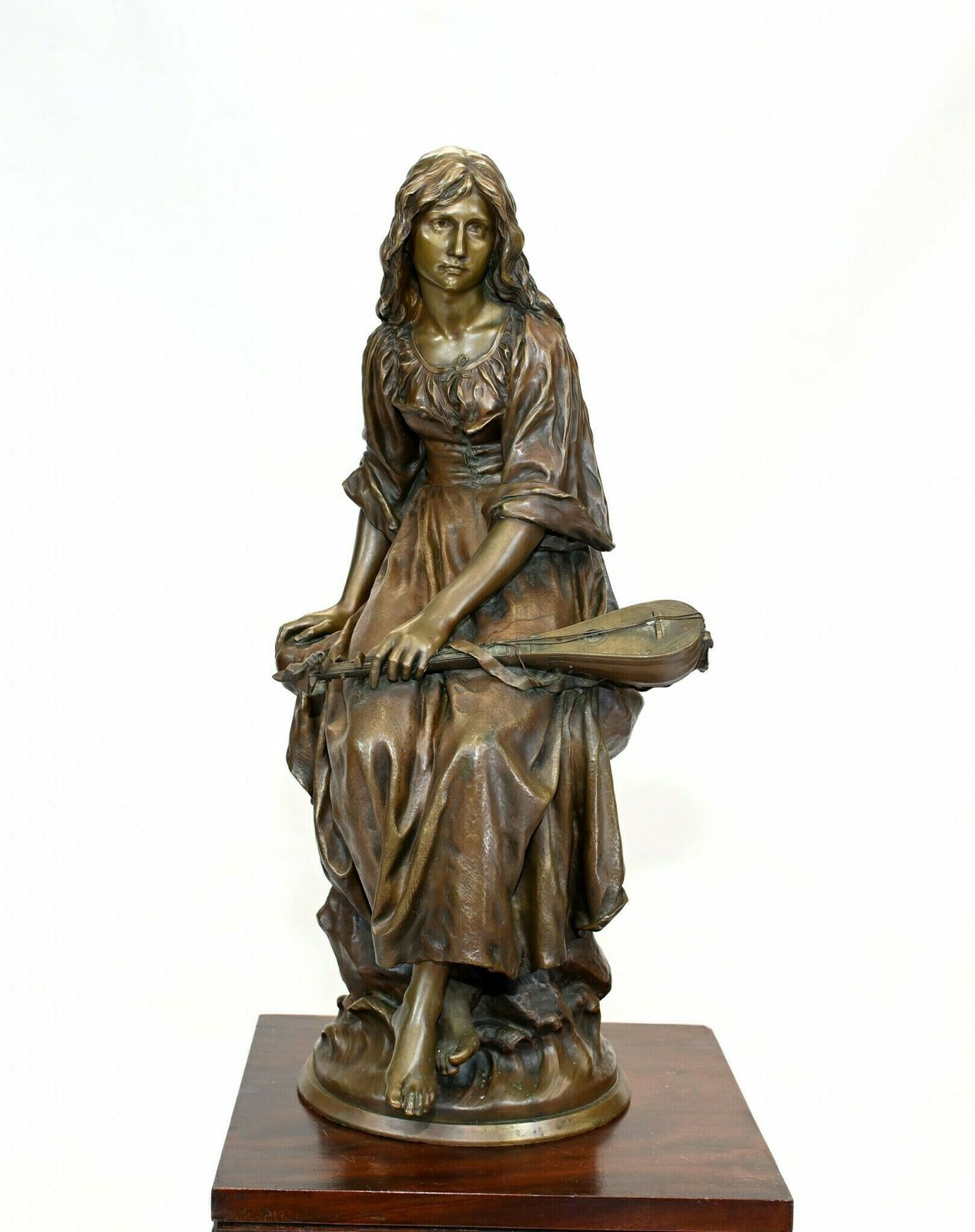 French Bronze Mandolin Player By Paul Mengin Art Nouveau Maiden Figurine 1890 photo furniture