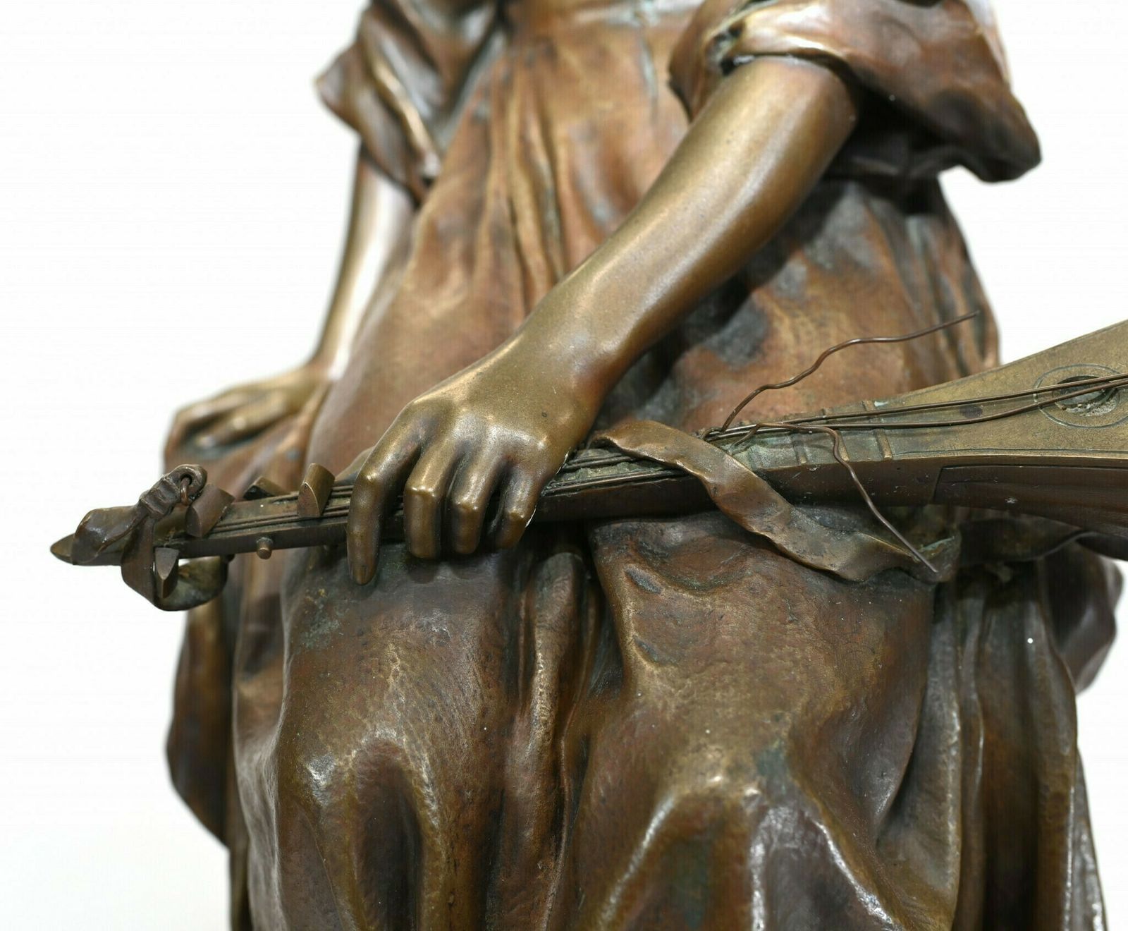 French Bronze Mandolin Player By Paul Mengin Art Nouveau Maiden Figurine 1890 photo vinterior