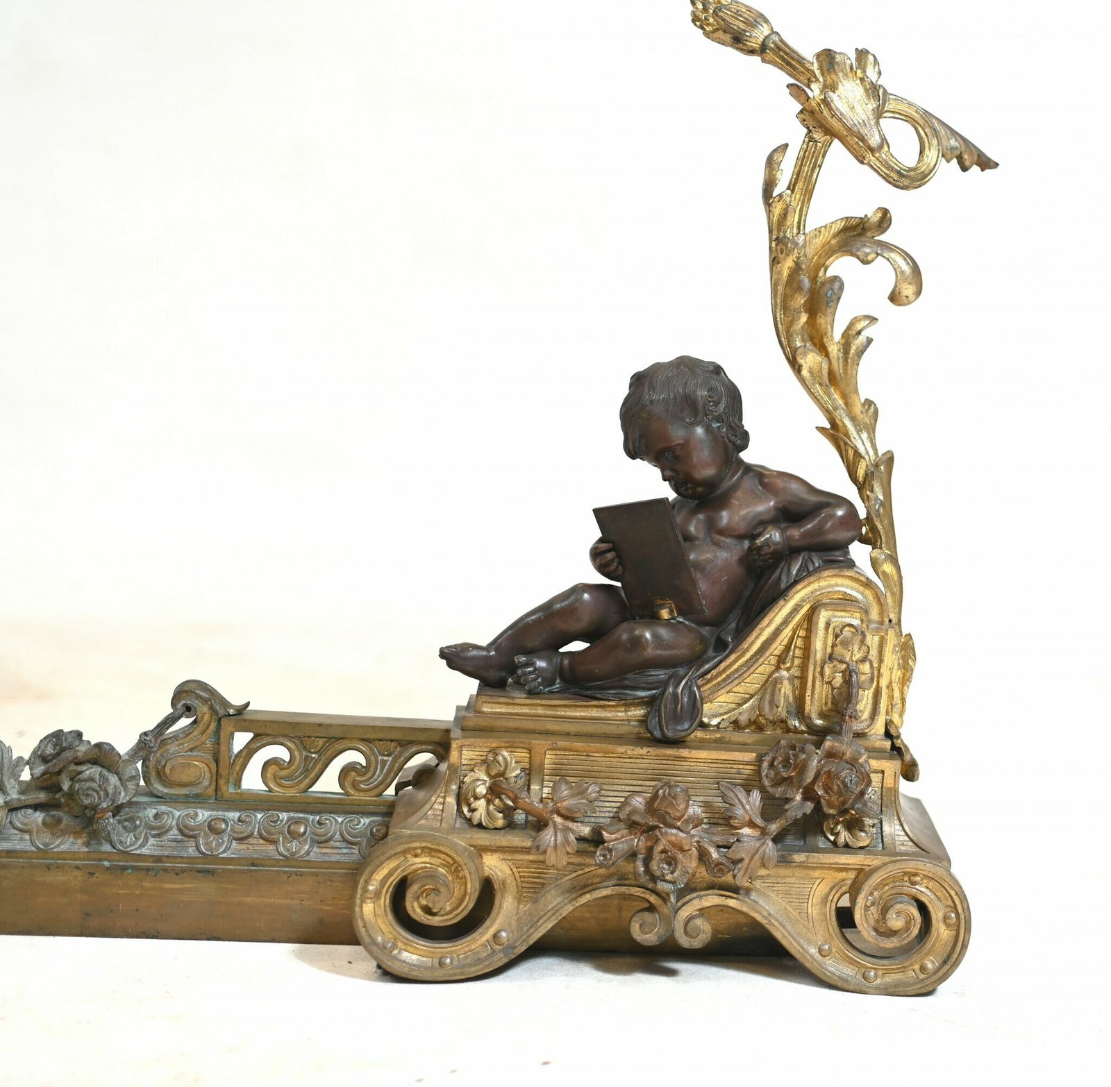 French Bronze Chenet Andiron Parcel Gilt Cherub Fire Grate photo 2750.0
