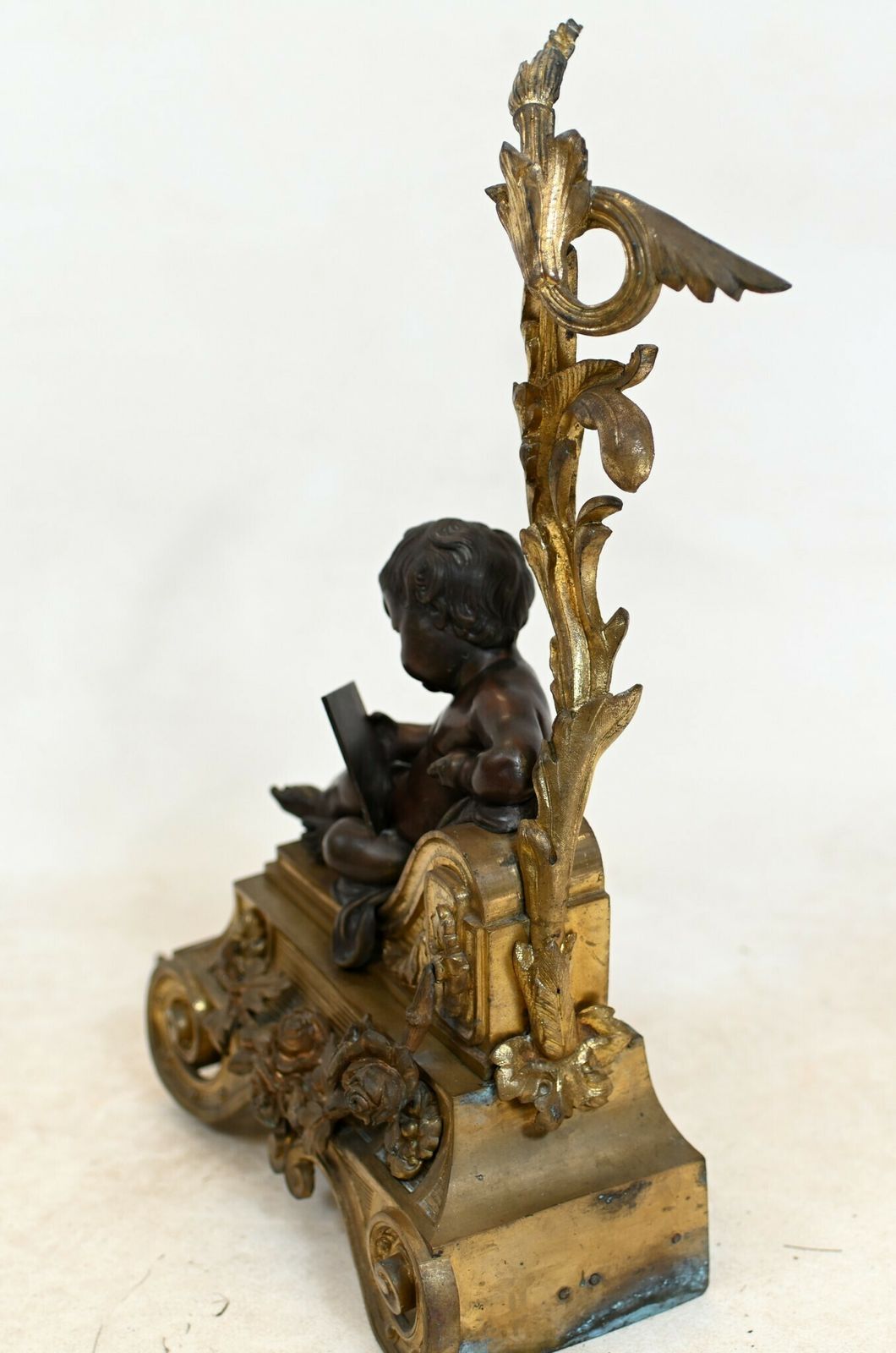 photo vinterior French Bronze Chenet Andiron Parcel Gilt Cherub Fire Grate
