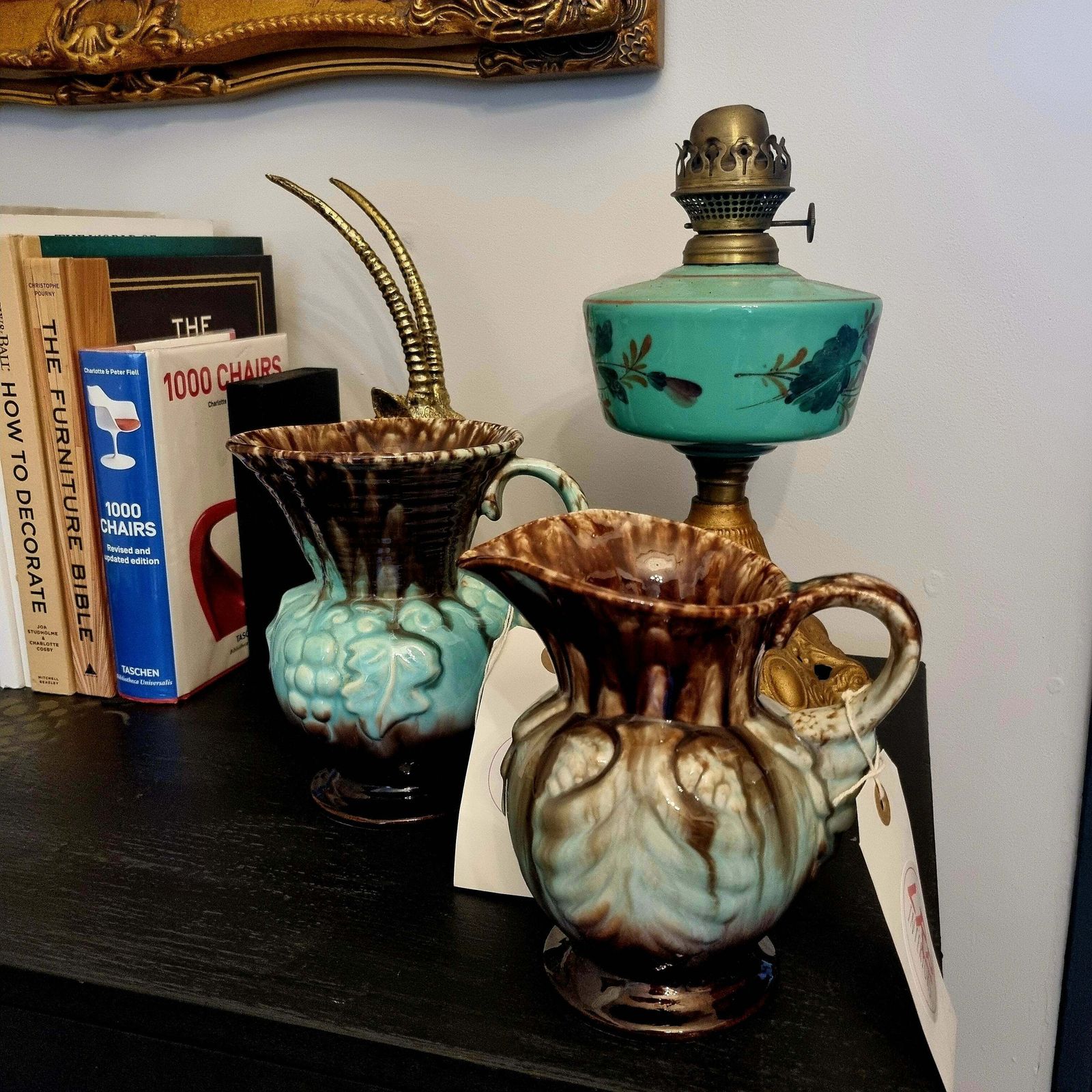Ceramic Vase Glazed Grape Abstract Painted Set Of 2 Drinking Jugs Kitchen Pottery Flower Display Pitchers Brown Blue Home Decor German photo for sale
