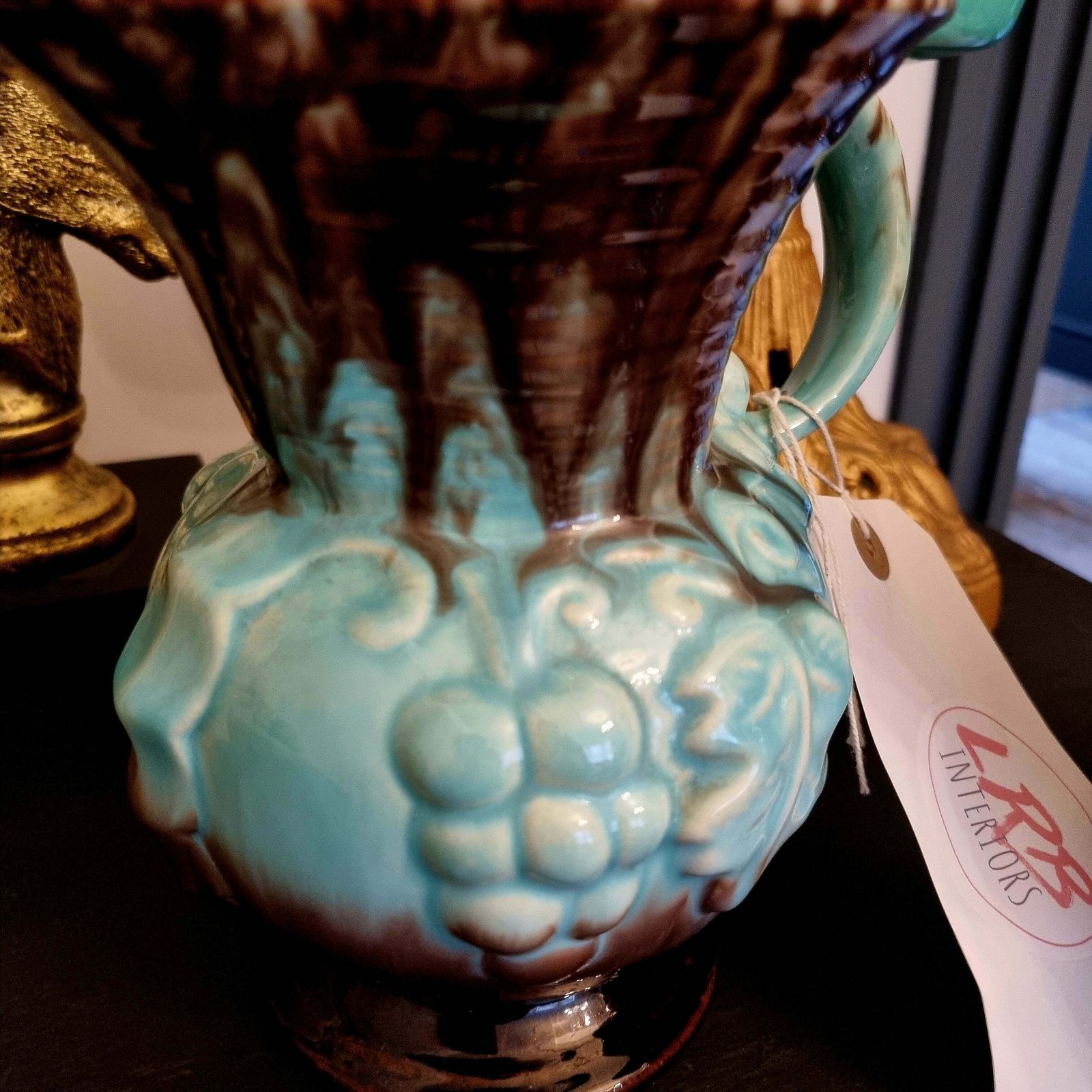 Ceramic Vase Glazed Grape Abstract Painted Set Of 2 Drinking Jugs Kitchen Pottery Flower Display Pitchers Brown Blue Home Decor German photo vintage