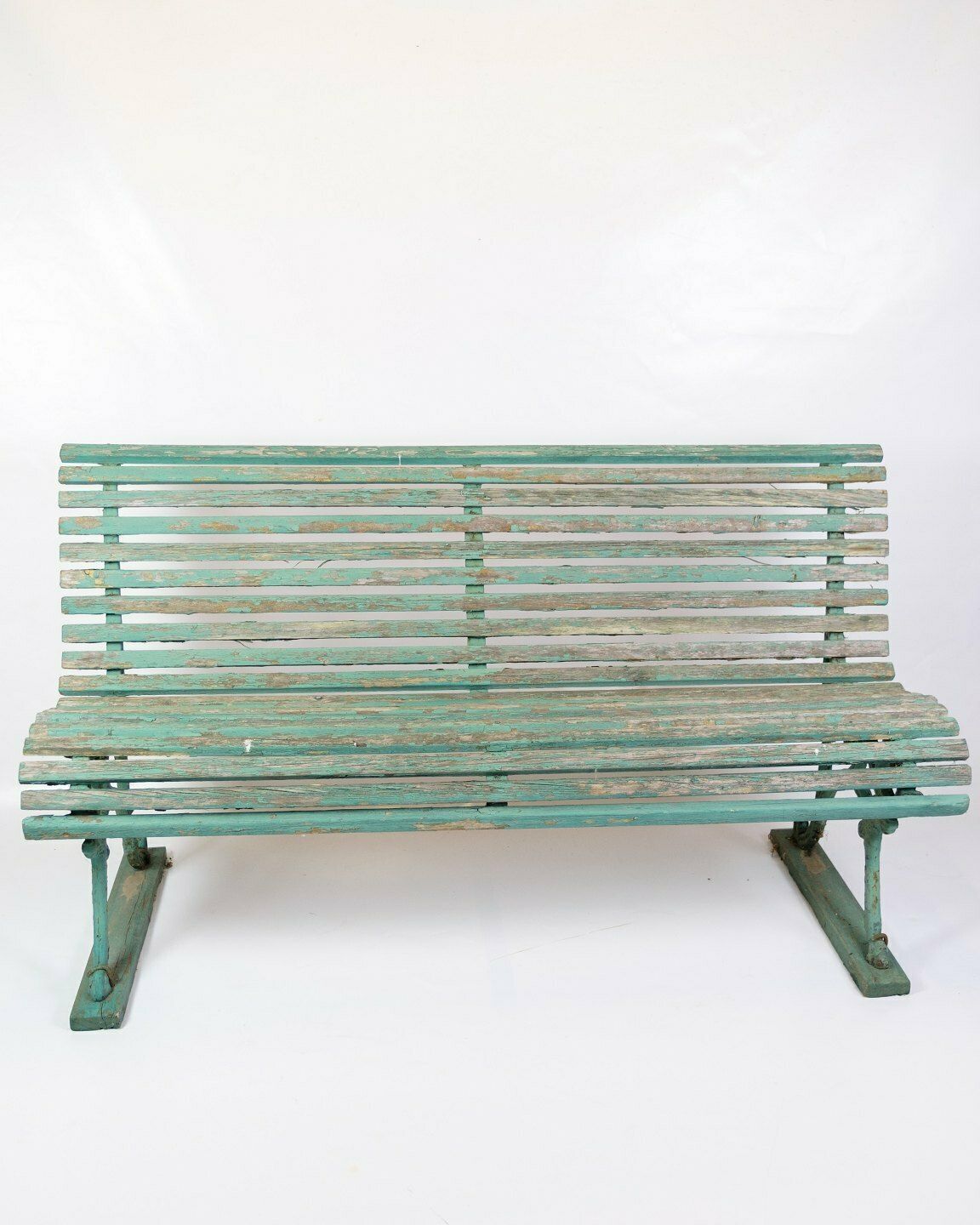 Antique French Park Benches Painted In Greenish Color With Patina From 1930s