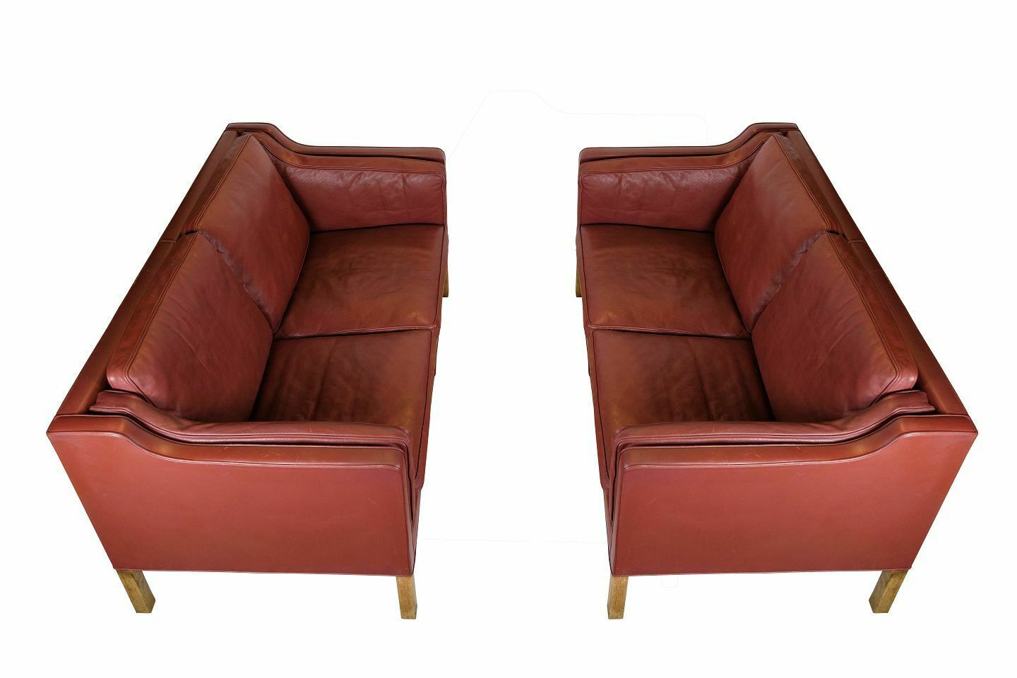 Set Of Two 2. Person Sofas Model 2212 In Red Leather & Oak Frame By Børge Mogensen For Fredericia Chair Factory From 1960s
