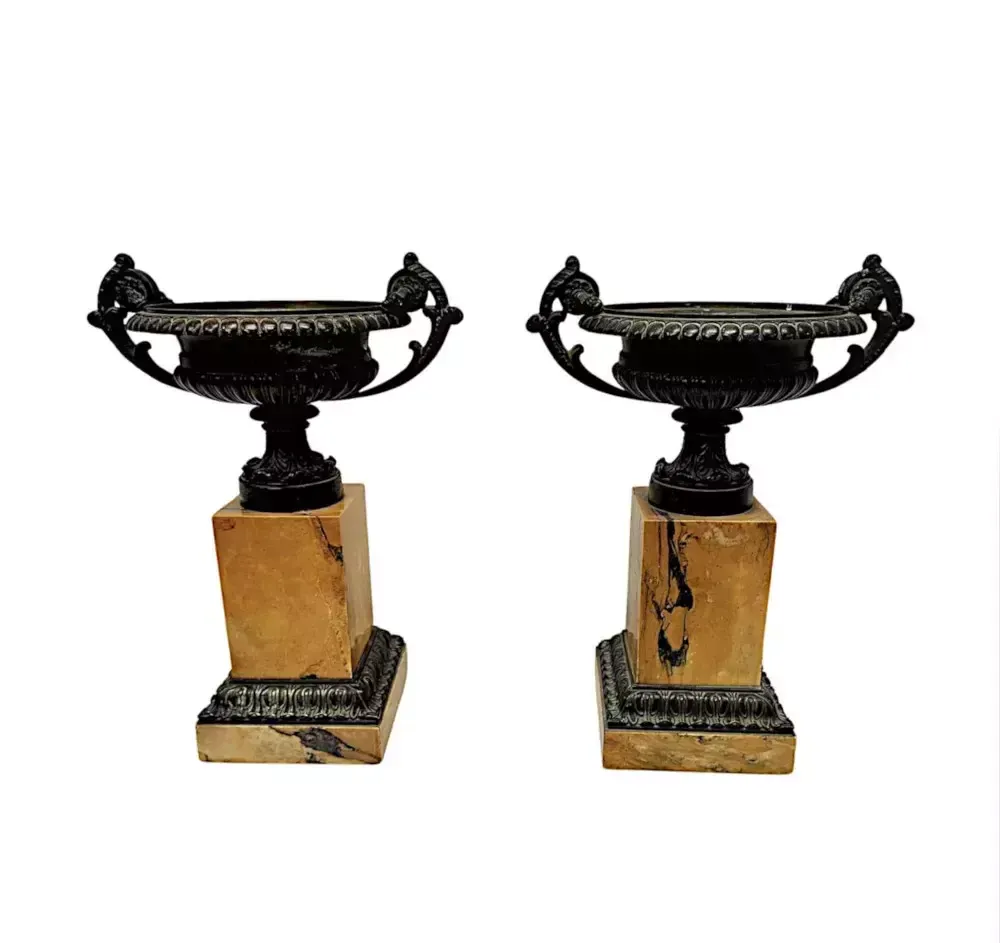 A Very Rare Pair Of 19th Century Bronze And Sienna Marble Tazza Urns