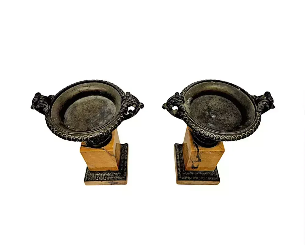 A Very Rare Pair Of 19th Century Bronze And Sienna Marble Tazza Urns photo 5017.3229