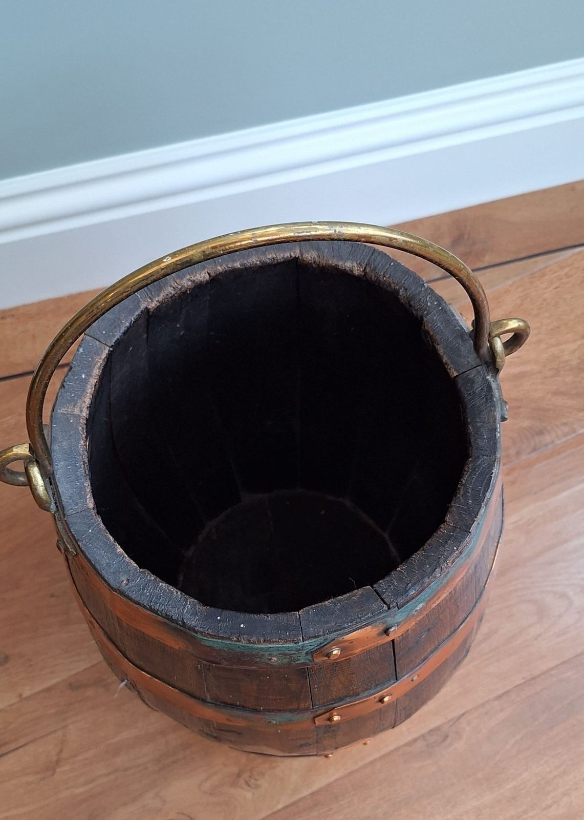 Antique C19th Copper And Oak Barrel Bucket For Coal, Logs, Sticks, Umbrellas photo Home Decor