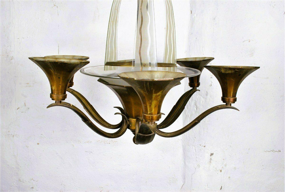 Bronze And Glass Chandelier, Art Deco, 20th Century photo furniture