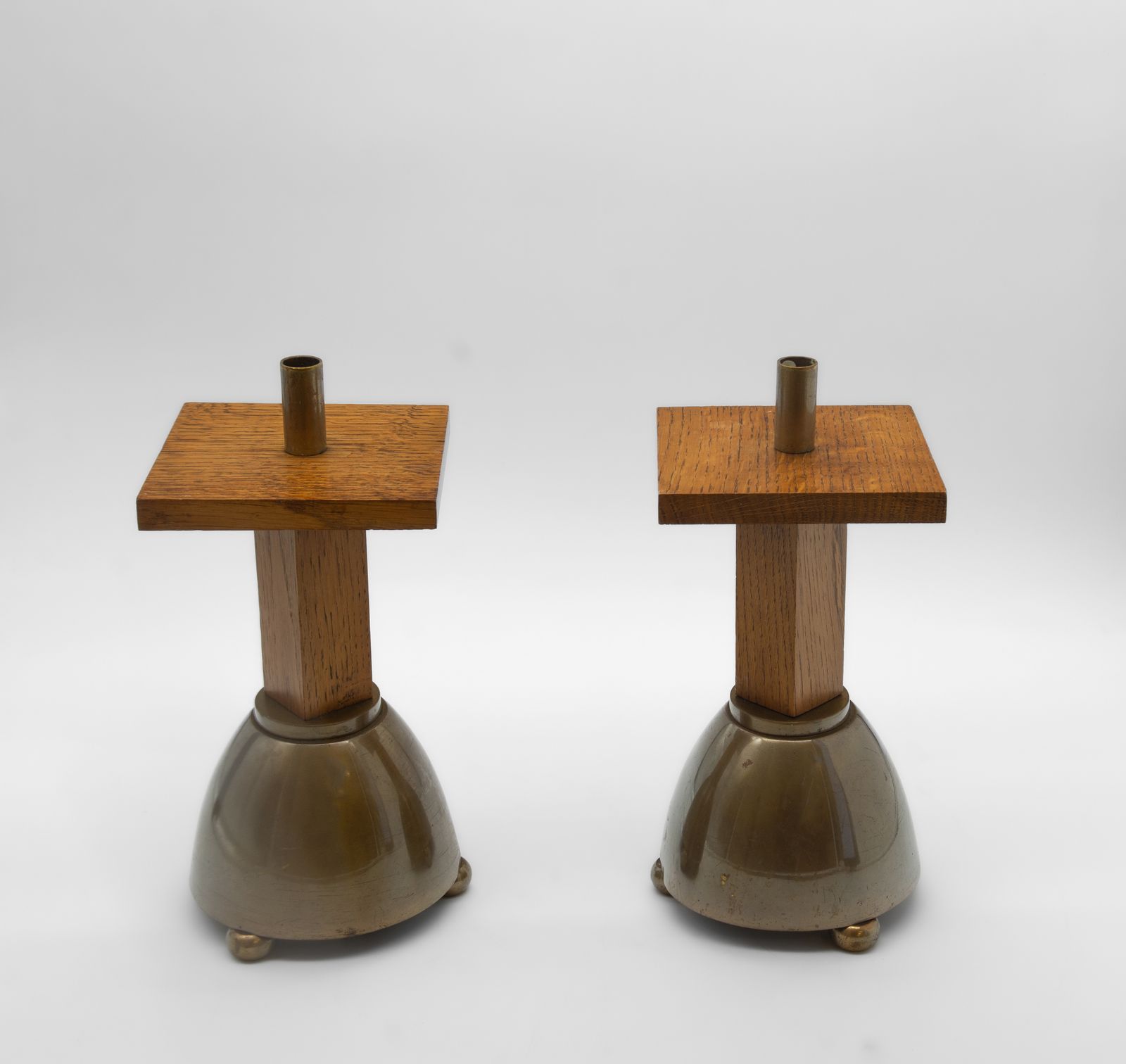 Set Of Four 1970’s Brutalist Oak & Brass Candle Stick Stands photo for sale