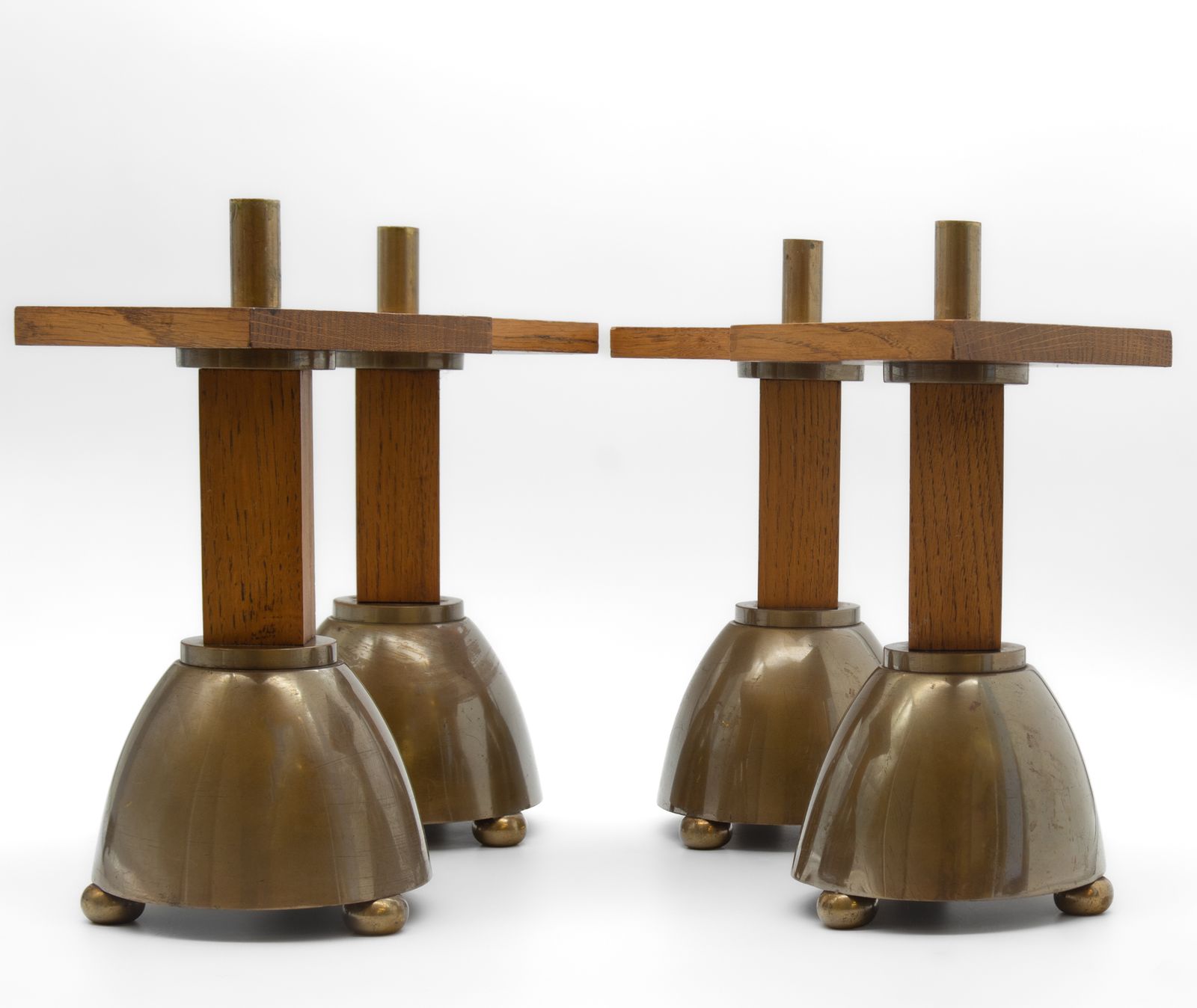 Set Of Four 1970’s Brutalist Oak & Brass Candle Stick Stands photo buy