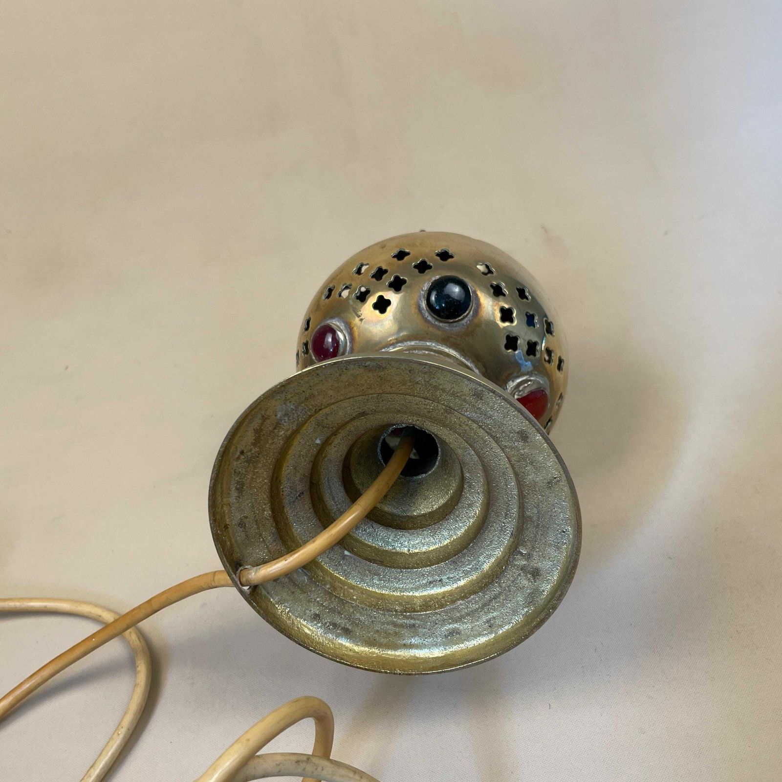 Aged Gold Brass Indian Lamp Embedded Jewels Gemstones Asian Vintage Rustic Round Antique photo vintage